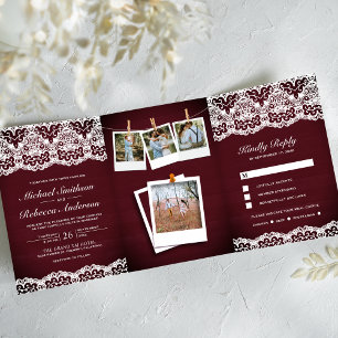 Burgundy Wood Country Lace Foto Collage Wedding Dreifach Gefaltete Einladung