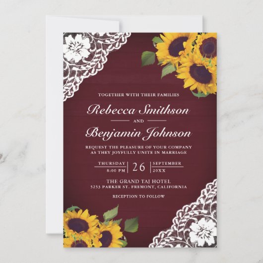 Burgundy Wood Lace Sonnenblumen Foto QR Code Hochz Einladung (Vorderseite)
