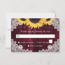 Burgundy Wood Lace Sunflower Wedding RSVP Karten