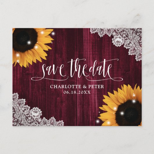 Burgundy Wood Sonnenblumen Hochzeit speichern das  Postkarte (Vorderseite)