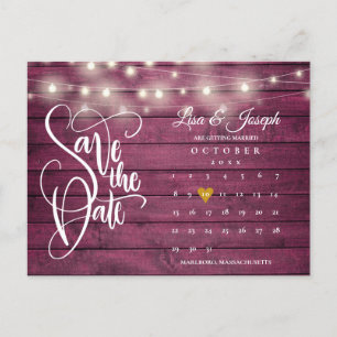 Burgundy Wood String Lights Kalender Save the Date Ankündigungspostkarte