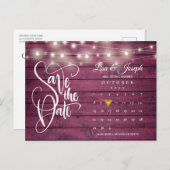 Burgundy Wood String Lights Kalender Save the Date Ankündigungspostkarte (Vorne/Hinten)