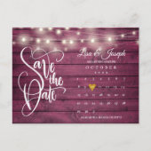 Burgundy Wood String Lights Kalender Save the Date Ankündigungspostkarte (Vorderseite)
