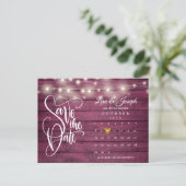 Burgundy Wood String Lights Kalender Save the Date Ankündigungspostkarte (Stehend Vorderseite)