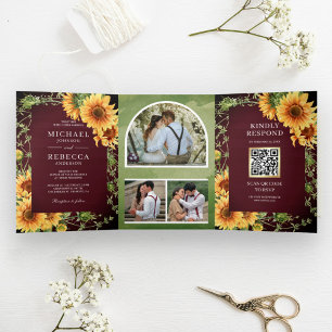 Burgundy Wood Sunflower Foto Arch QR Code Hochzeit Dreifach Gefaltete Einladung