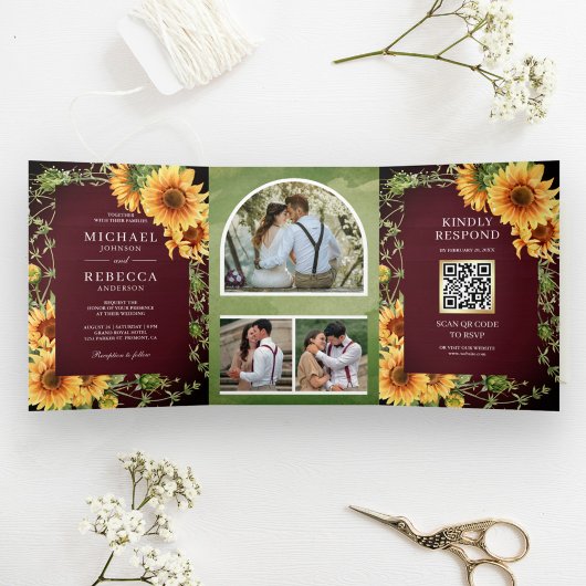Burgundy Wood Sunflower Foto Arch QR Code Hochzeit Dreifach Gefaltete Einladung
