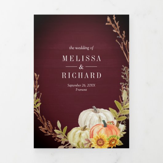Burgundy Wood Sunflower Pumpkin QR Code Wedding Dreifach Gefaltete Einladung (Cover)