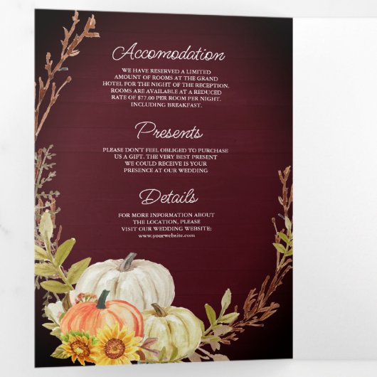 Burgundy Wood Sunflower Pumpkin QR Code Wedding Dreifach Gefaltete Einladung (Innen Erste Seite)