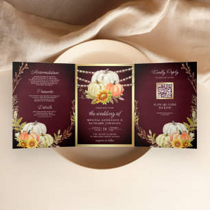 Burgundy Wood Sunflower Pumpkin QR Code Wedding Dreifach Gefaltete Einladung