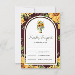 Burgundy Wood Sunflowers Mason Jar Arch Wedding RSVP Karte