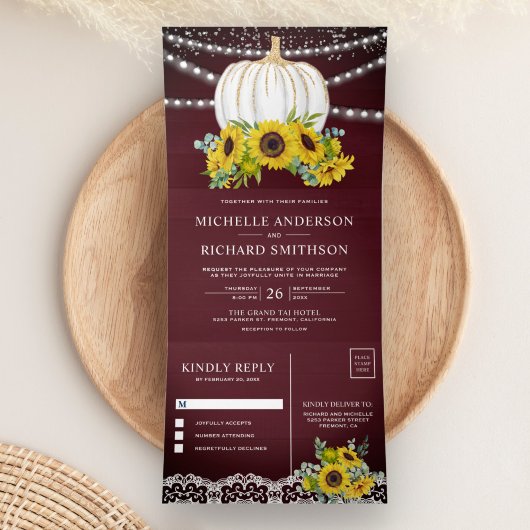 Burgundy Wood Sunflowers White Pumpkin Wedding Dreifach Gefaltete Einladung