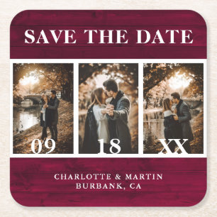 Burgundy Wood Wedding Foto Save the Date Rechteckiger Pappuntersetzer