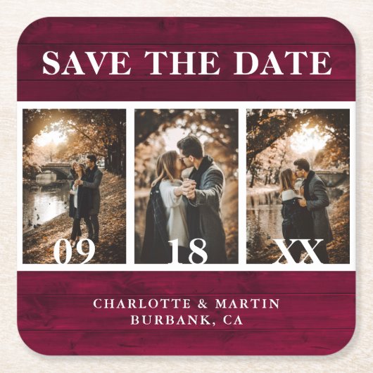 Burgundy Wood Wedding Foto Save the Date Rechteckiger Pappuntersetzer (Vorderseite)