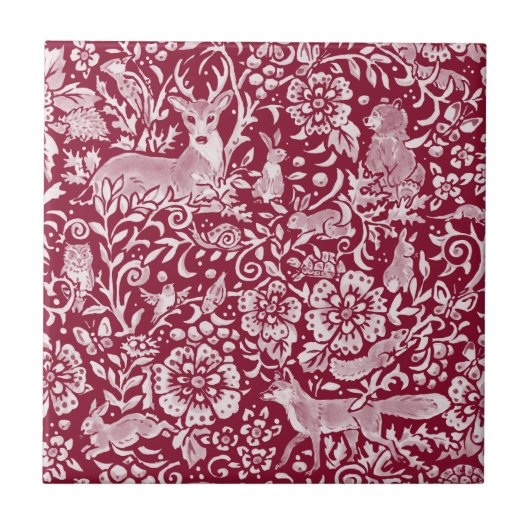 Burgundy Woodland Animal Forest Deer Rabbit Fox Fliese (Vorderseite)