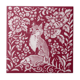 Burgundy Woodland Fox Fox Animal Floral Fliese