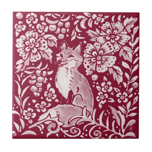 Burgundy Woodland Fox Fox Animal Floral Fliese (Vorderseite)