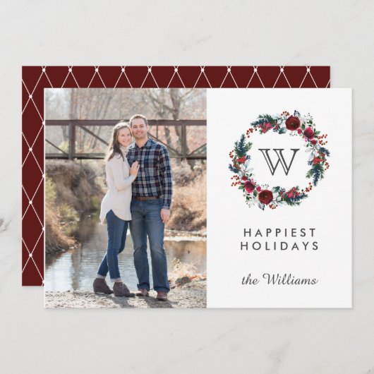 Burgundy Wreath Ursprüngliches Weihnachtsfest Foto Einladung (Vorne/Hinten)