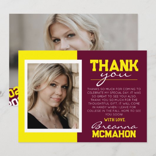 Burgundy Yellow Abschluss 2 Foto Dankeschön Karte (Vorne/Hinten)
