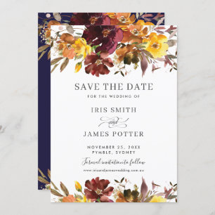 Burgundy Yellow Floral Wedding Save the Date Card Einladung
