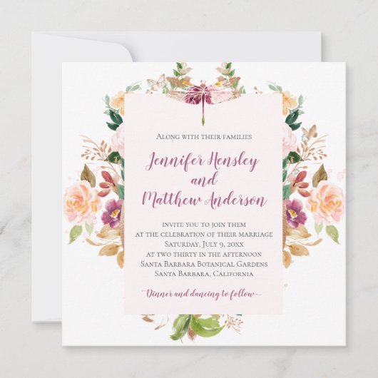 Burgundy Yellow Pink Mauve Watercolor Dragonfly Einladung (Vorderseite)