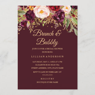 Burgunngolden Glitzer Blumenbrunch und Bubbly Einladung