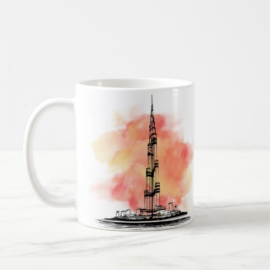 Burj Khalifa Illustration mit warmer Wasserfarbe b Kaffeetasse (Links)