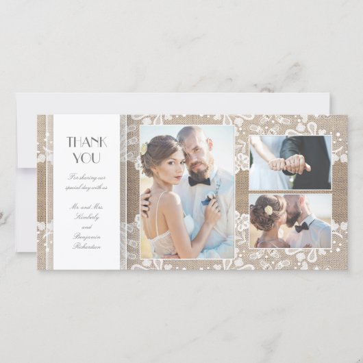 Burlap and Lace Foto Wedding Vielen Dank Dankeskarte (Vorderseite)