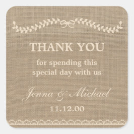 Burlap and Lace Hochzeit danke Ihnen für den Aufkl Quadratischer Aufkleber
