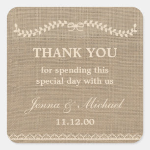 Burlap and Lace Hochzeit danke Ihnen für den Aufkl Quadratischer Aufkleber