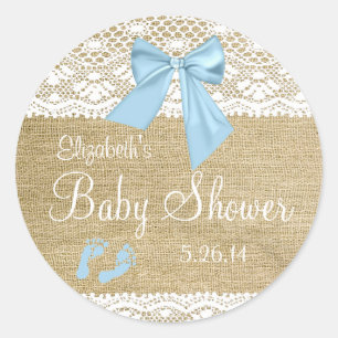 Burlap and Lace mit Blue Bow Baby Shower Fevor Runder Aufkleber
