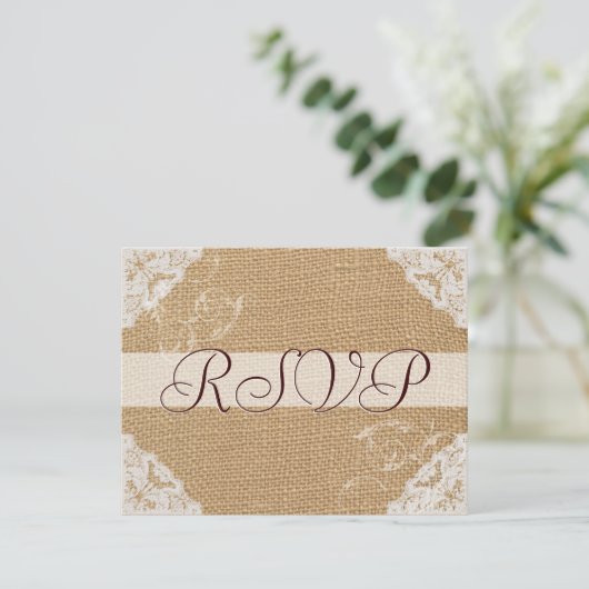 Burlap Antike White Lace Wedding RSVP (Stehend Vorderseite)