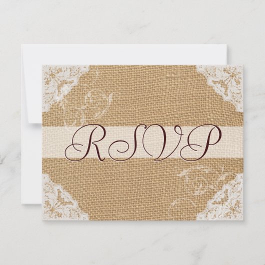 Burlap Antike White Lace Wedding RSVP Karte (Vorderseite)