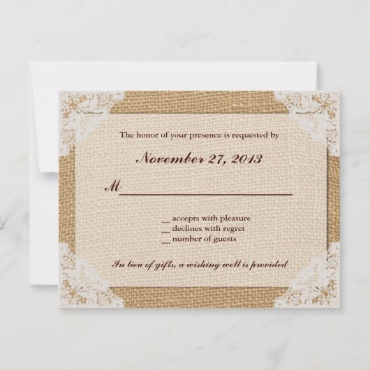 Burlap Antike White Lace Wedding RSVP Karte (Rückseite)