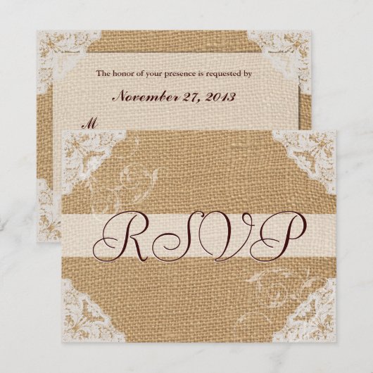 Burlap Antike White Lace Wedding RSVP Karte (Vorne/Hinten)