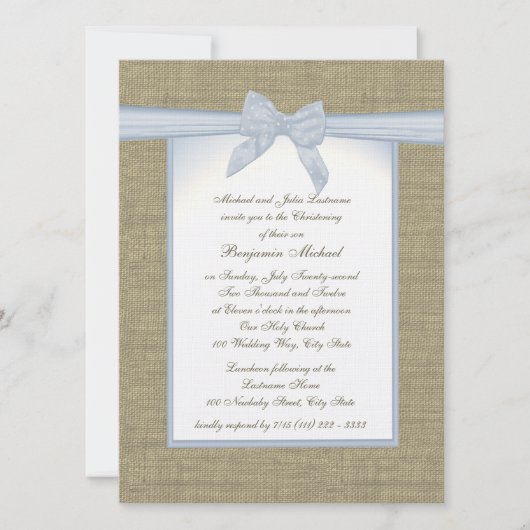 Burlap Baby Blue Christening Einladung (Vorderseite)