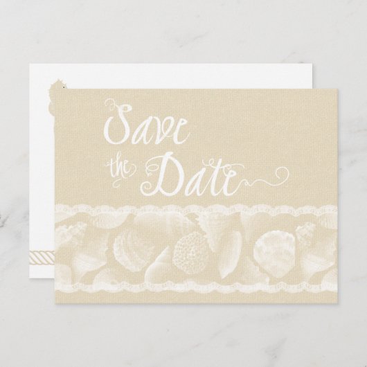 Burlap Beach Save the Date mit Lace und Muscheln Ankündigungspostkarte (Vorne/Hinten)