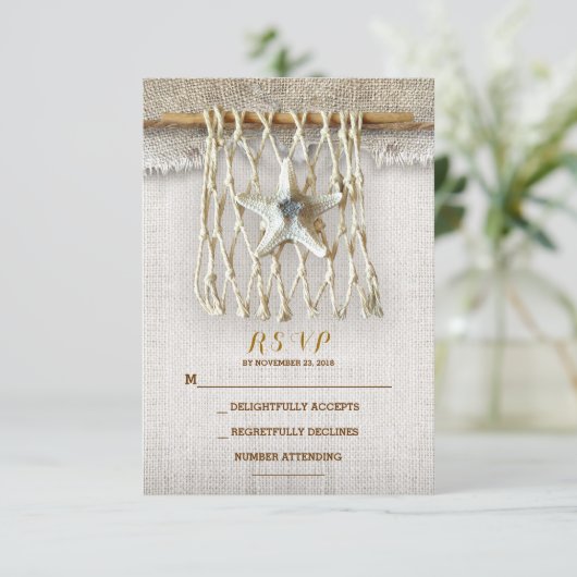 BURLAP BEACH WEDD RSVP CARDS (Stehend Vorderseite)