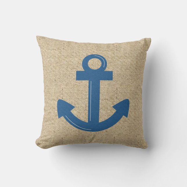 Burlap-blauer Bootsanker dekoratives Kissen (Vorderseite)