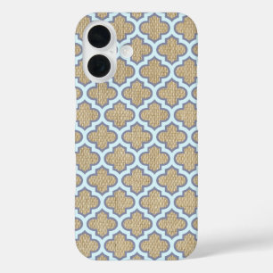 Burlap & Blue Girly Quatrefoil Pattern Trendy Nied iPhone 16 Hülle