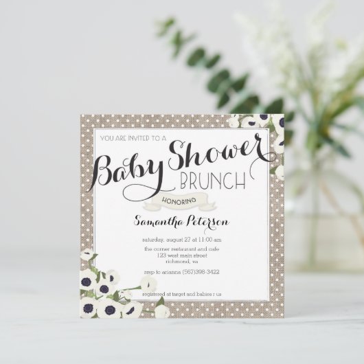 Burlap Blume Babydusche Brunch Einladung (Stehend Vorderseite)