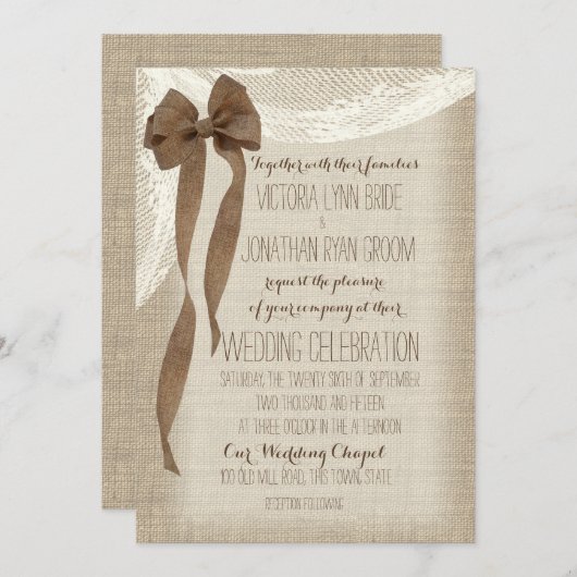 Burlap Bow und Lace Cascade Einladung (Vorne/Hinten)