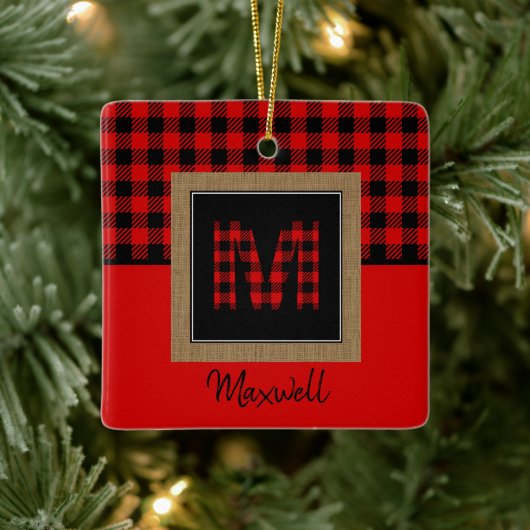 Burlap Buffalo Kariert Red Black Monogram Name Keramikornament (Baum)