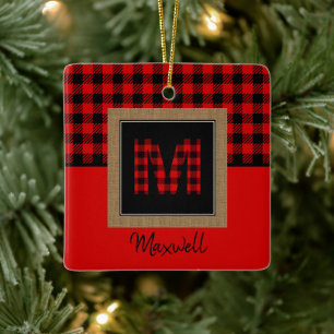 Burlap Buffalo Kariert Red Black Monogram Name Keramikornament