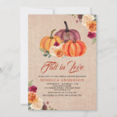 Burlap Burnt Orange Floral Pumpkin Brautparty Einladung (Vorderseite)