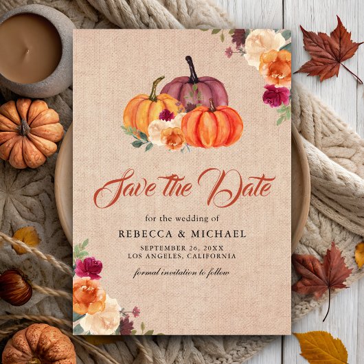 Burlap Burnt Orange Floral Pumpkin Wedding Save The Date