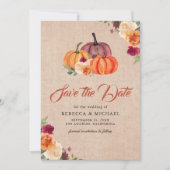 Burlap Burnt Orange Floral Pumpkin Wedding Save The Date (Vorderseite)