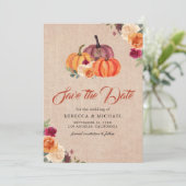 Burlap Burnt Orange Floral Pumpkin Wedding Save The Date (Stehend Vorderseite)