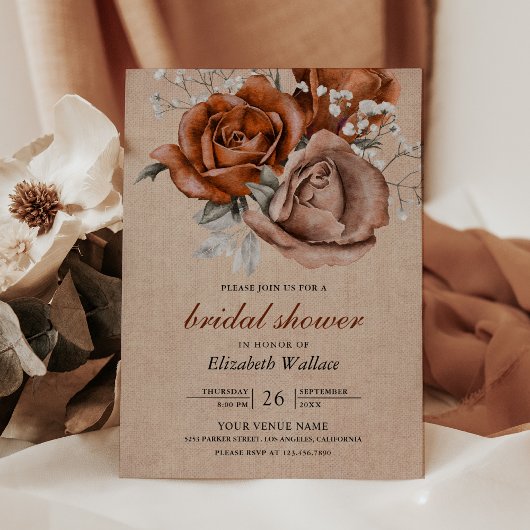 Burlap Burnt Orange Rose Terracotta Brautparty Einladung