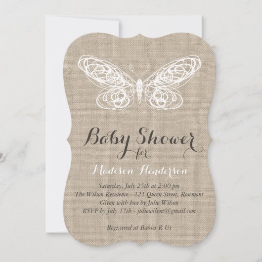 Burlap Butterfly Babydusche Einladung (Vorderseite)