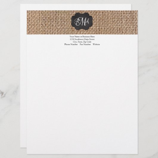 Burlap Chalkboard Look Triple Mit Monogramm Script Briefkopf (Vorne/Hinten)